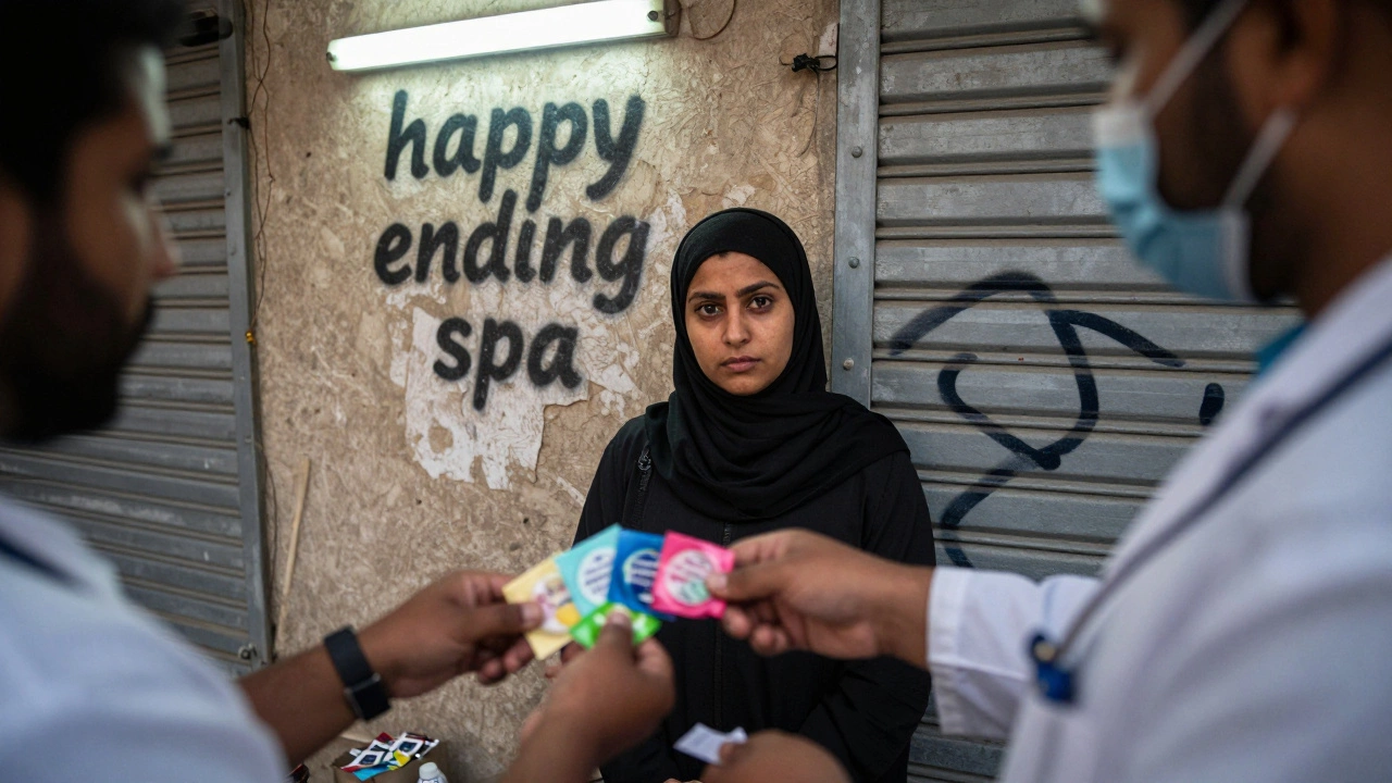 A health worker offers condoms to a sex worker in a hidden Dubai zone, dim lighting.