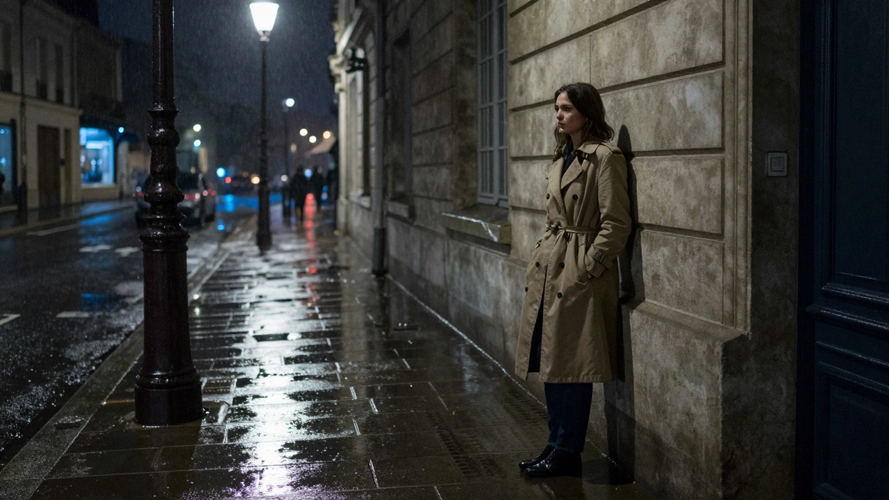A lone woman standing under a streetlamp on a rainy Paris sidewalk, looking over her shoulder.