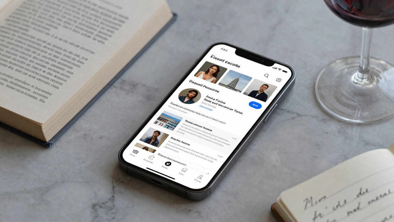 A smartphone displaying a discreet escort profile with detailed bio and clear pricing on a marble countertop.