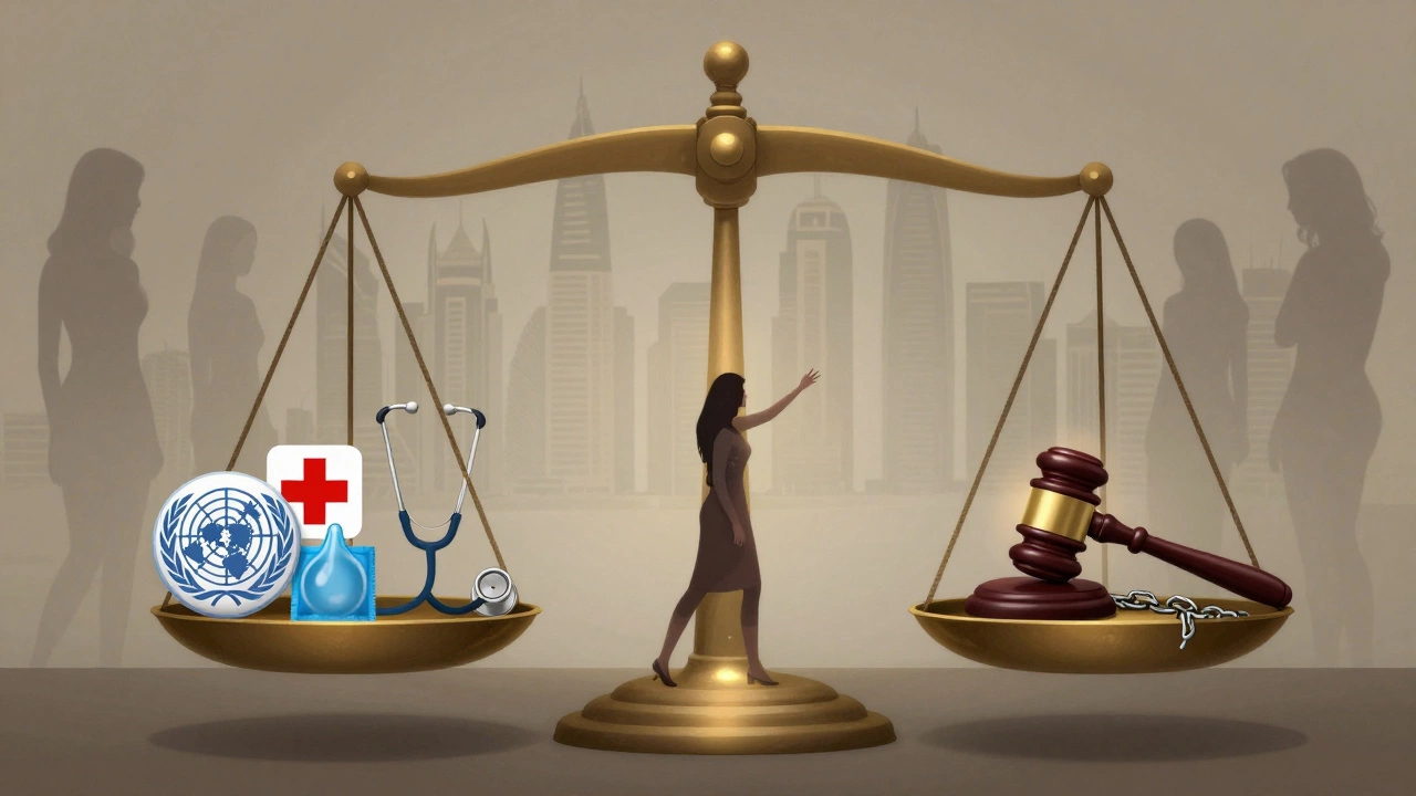 A symbolic scale balancing human rights and criminalization, with a figure reaching for health.