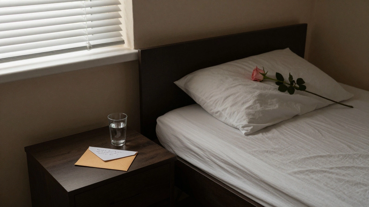 An envelope and a single rose rest on a hotel nightstand, morning light filtering through blinds.